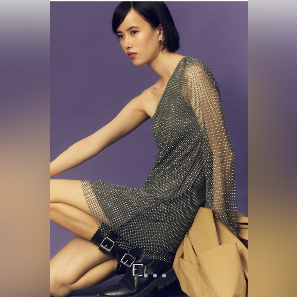 Anthropologie Sundays In Brooklyn NWT $180 Mesh Shine Mini Dress L Grey SOLD OUT